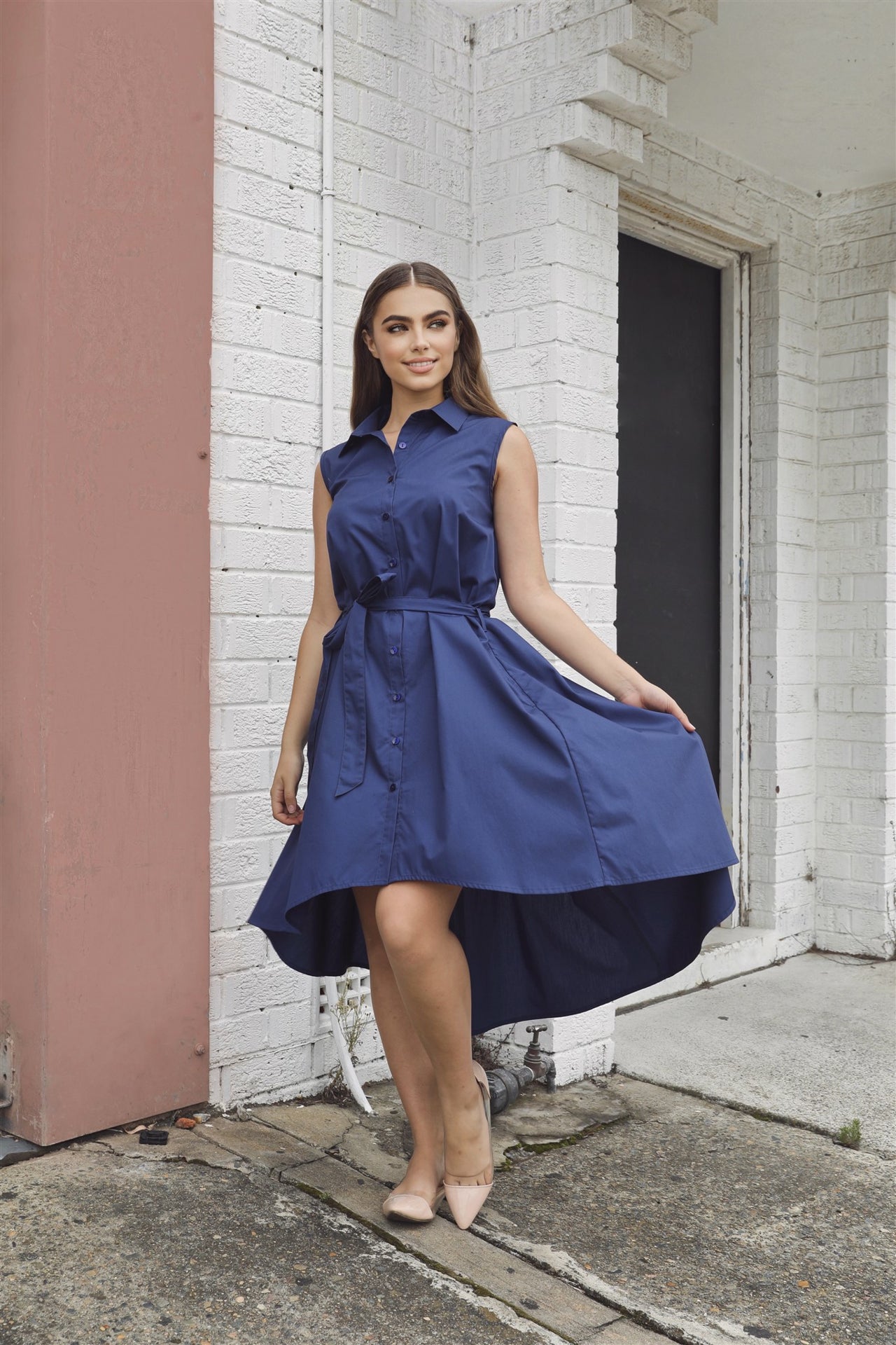 navy sleeveless shirt dress River Island Belted sleeveless midi shirt dress in navy