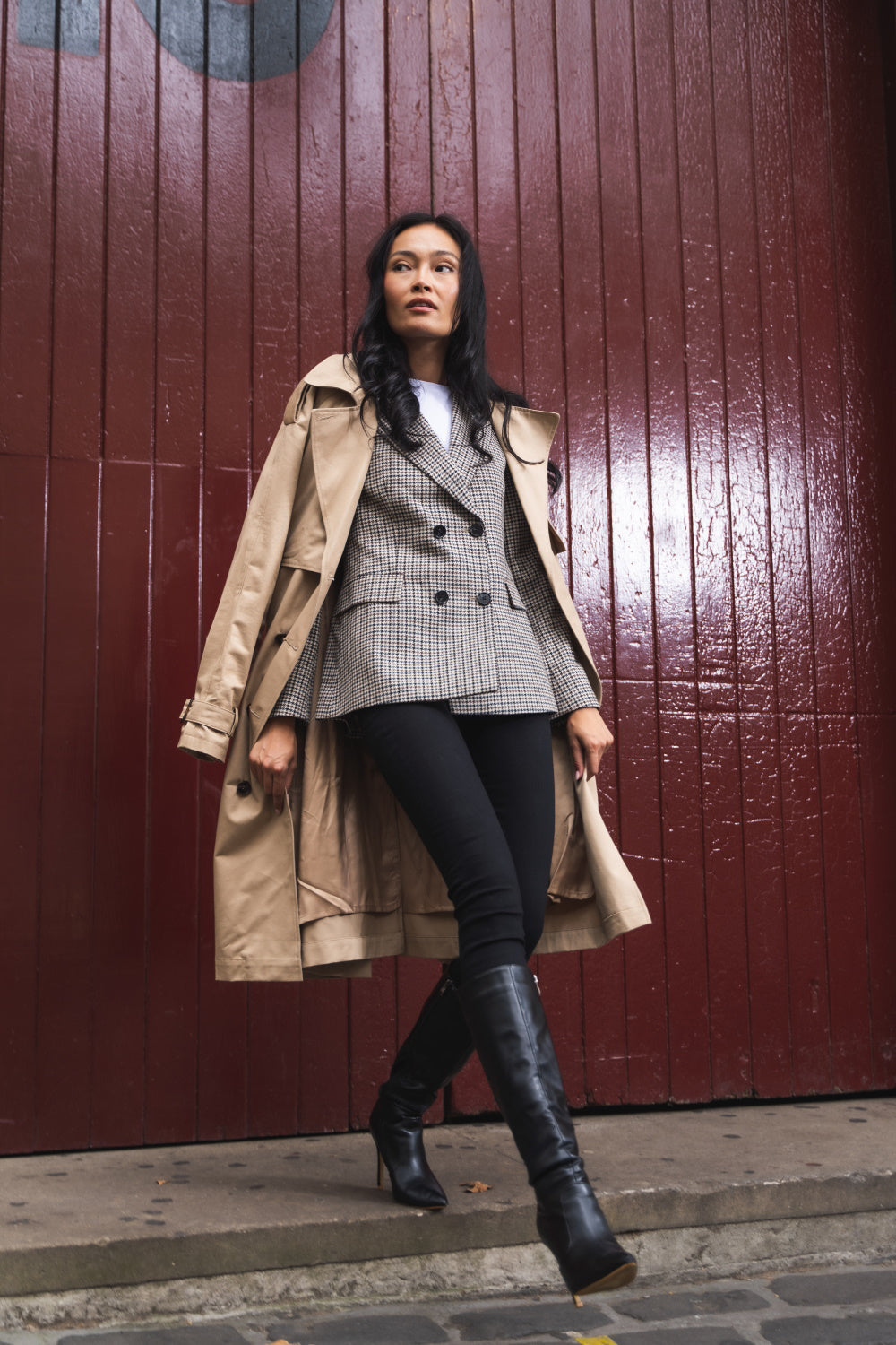 Houndstooth Blazer with oversized trench