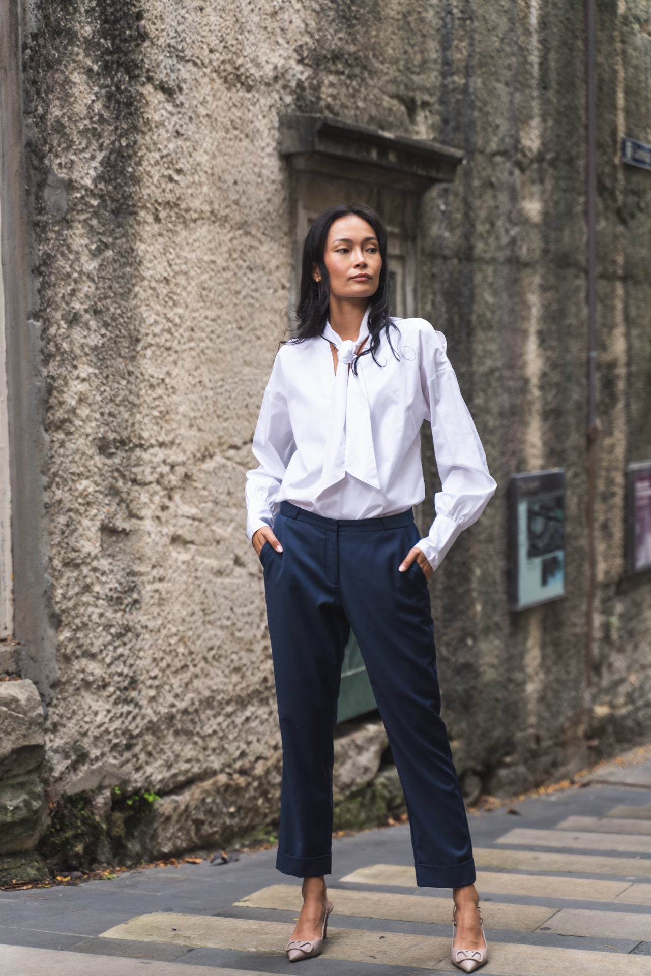 Tailored pant paired with statement white shirt