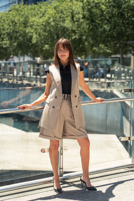 CCW Sleeveless Blazer, Silhouette Shirt and relaxed shorts