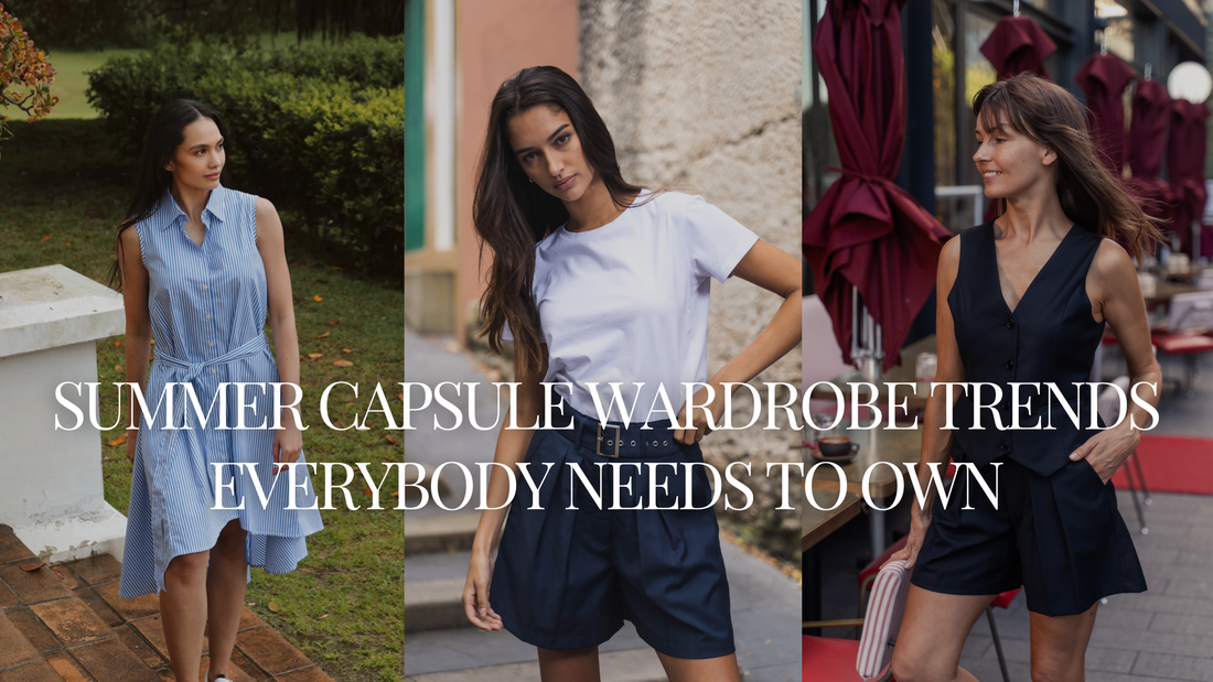 summer capsule wardrobe blog with a sleeveless shirt dress, white relaxed short sleeve tee, and a black tuxedo vest