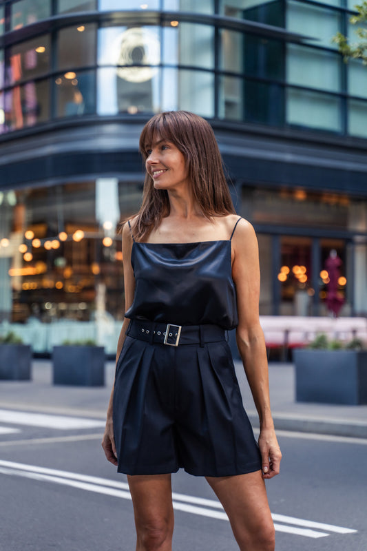 Silk Cami with tuxedo shorts 