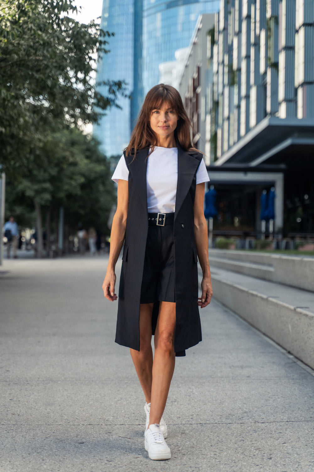 Sleeveless Coat with everyday tee and tuxedo short 