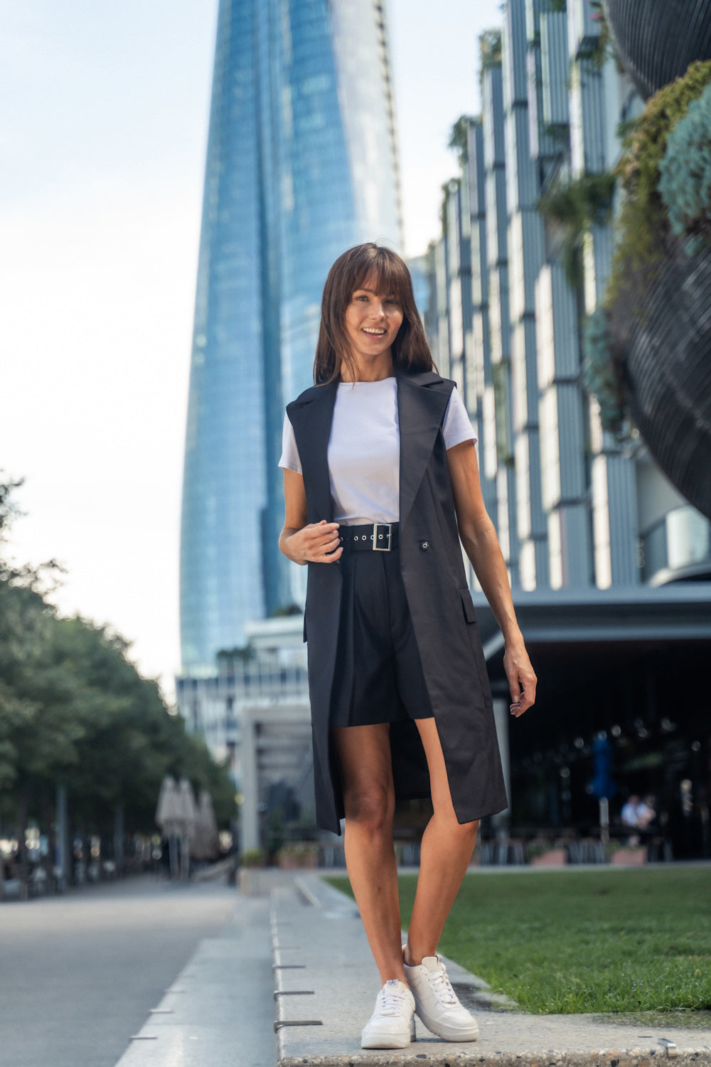 Sleeveless Coat with everyday tee and tuxedo short 